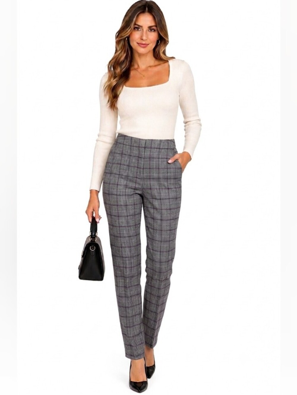 Vero Moda Slim Fit Plaid Women's Trousers in Gray Sz36